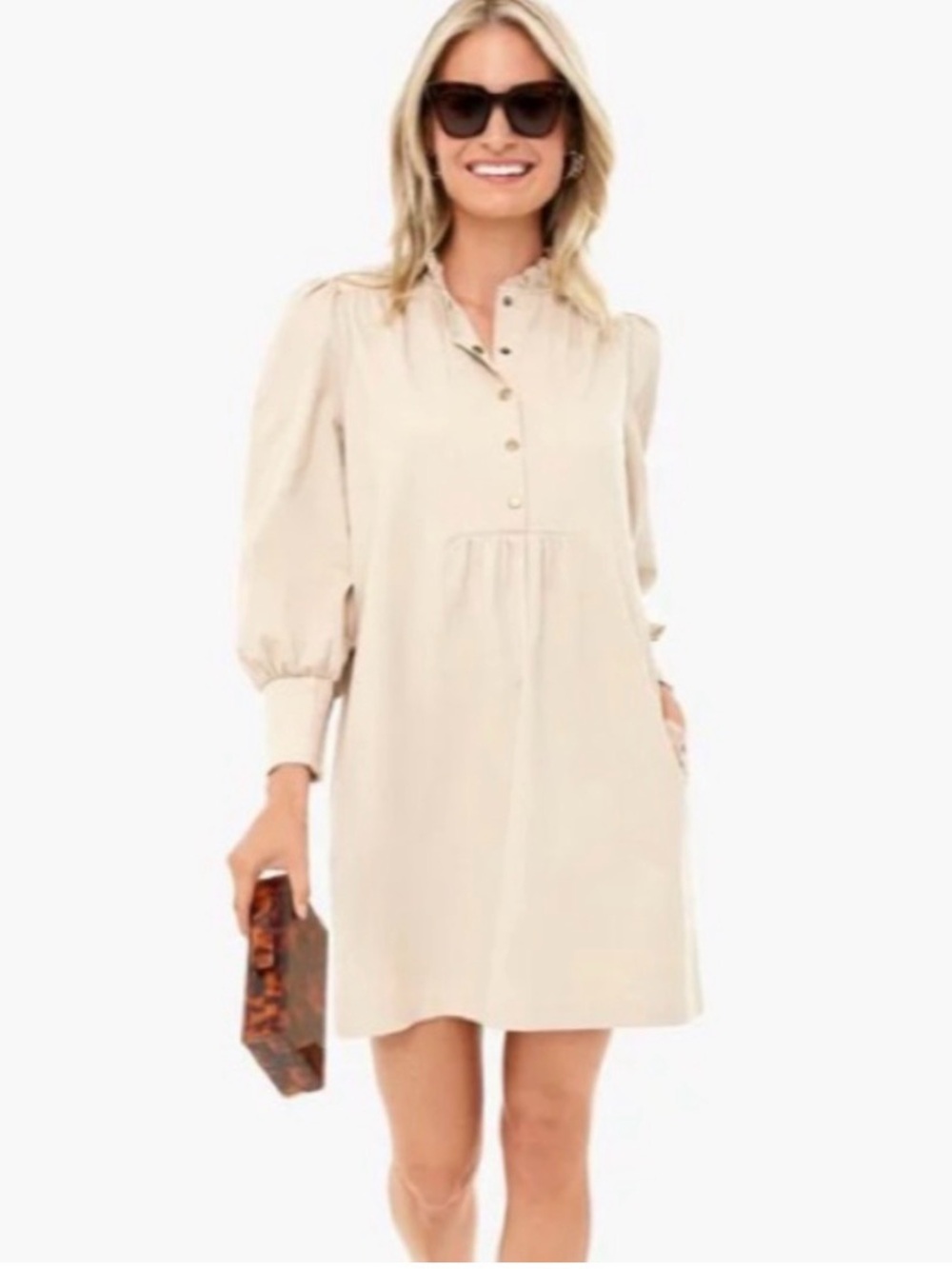 Pomander Place Cream Button-Placket Puff Sleeve Mini Dress